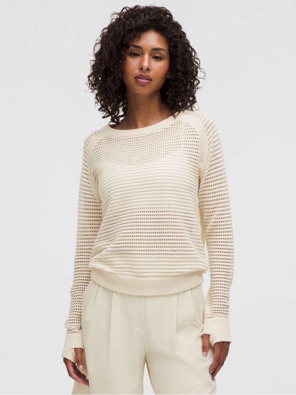 Lululemon Pointelle Knit Sweater Jumper Women’s M Ivory Pullover Crew Neck